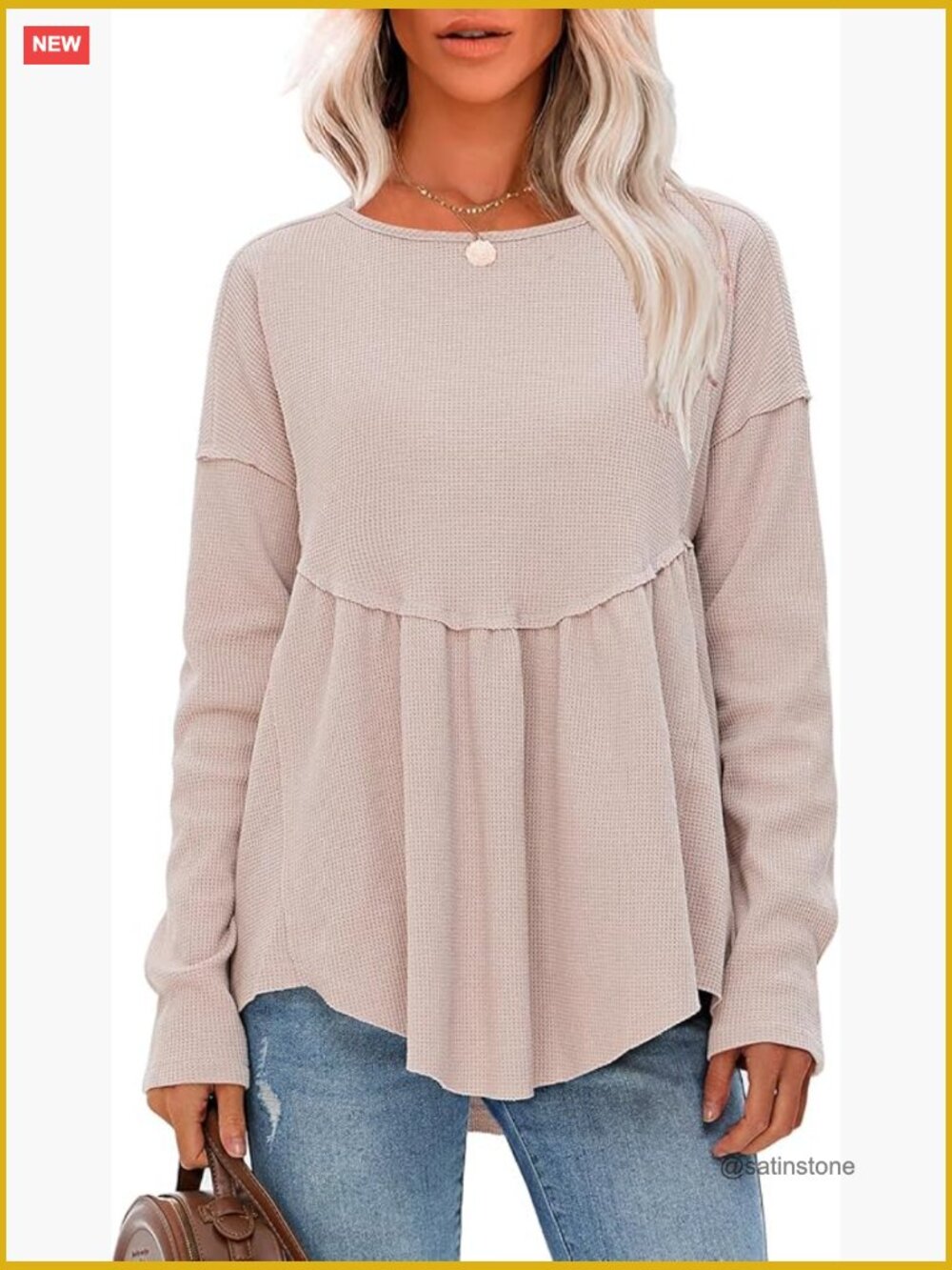 Waffle Knit Long Sleeve Tunic Top, Loose Babydoll Fit, 65% Polyester 35% Cotton